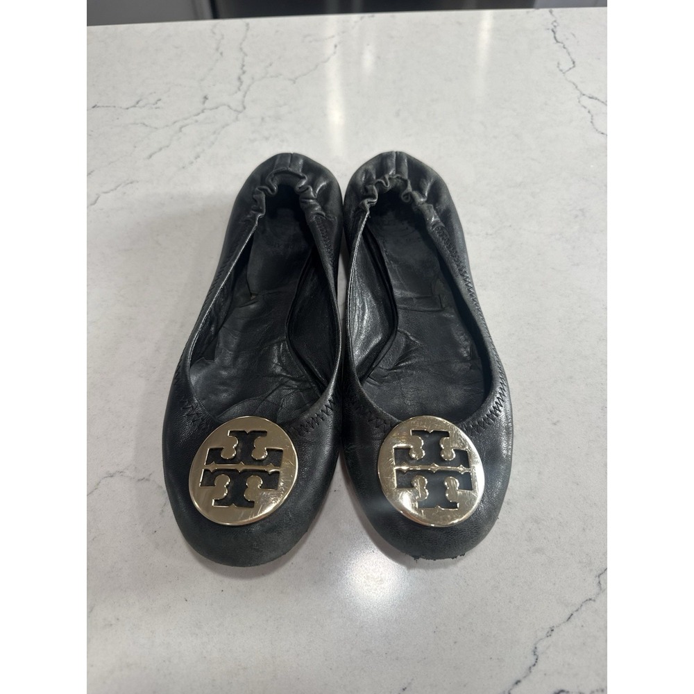 Tory Burch REVA Black Leather Ballet Flats Shoes Gold Medallion Esr Size 6.5